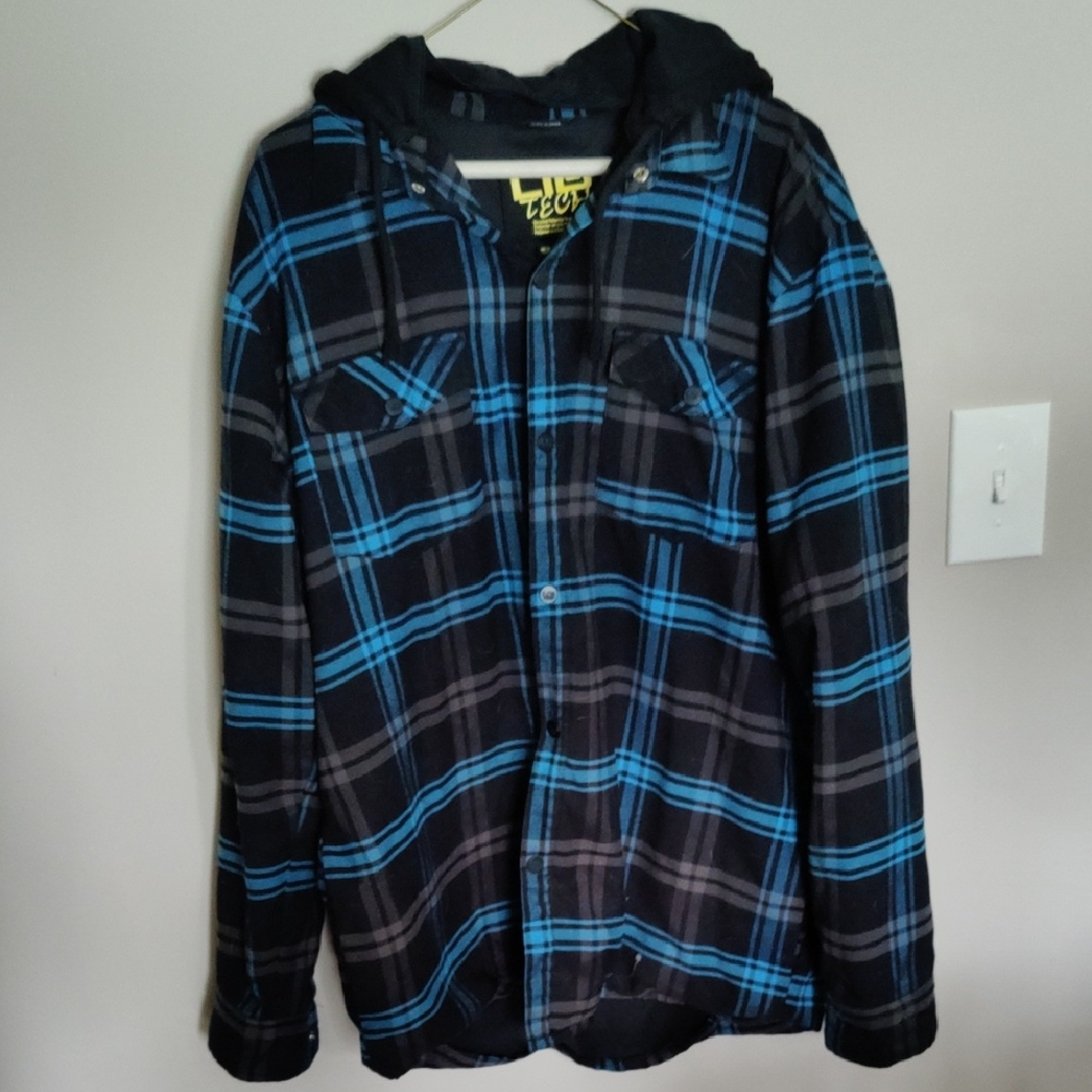 Blue and Black Plaid Hooded Shirt